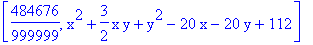 [484676/999999, x^2+3/2*x*y+y^2-20*x-20*y+112]